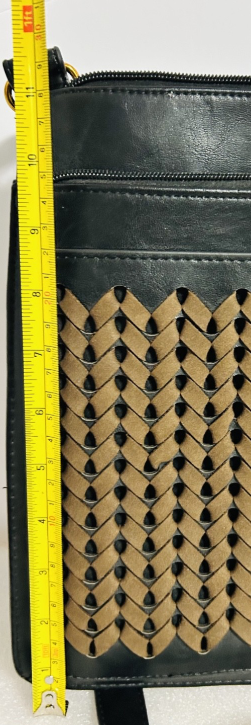 Sondra Roberts Black Faux Leather Woven Crossbody Bag Gold HW