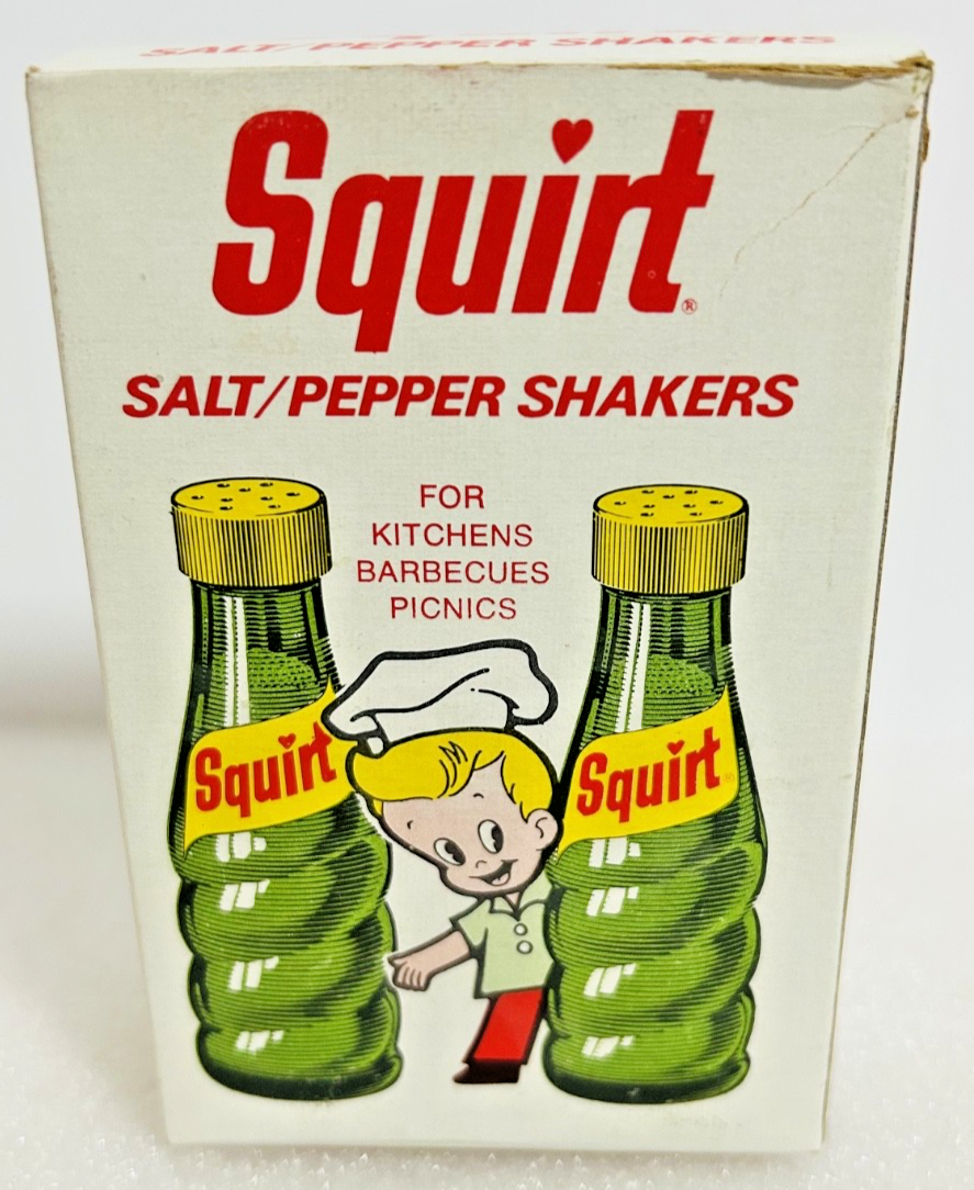 Vintage Squirt Soda Salt & Pepper Shakers w Box Green Glass Bottles
