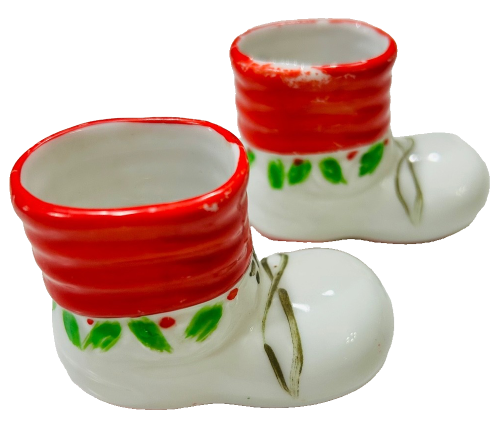 2 Christmas Miniature Santa Boot Ceramic/Porcelain Holiday Decor