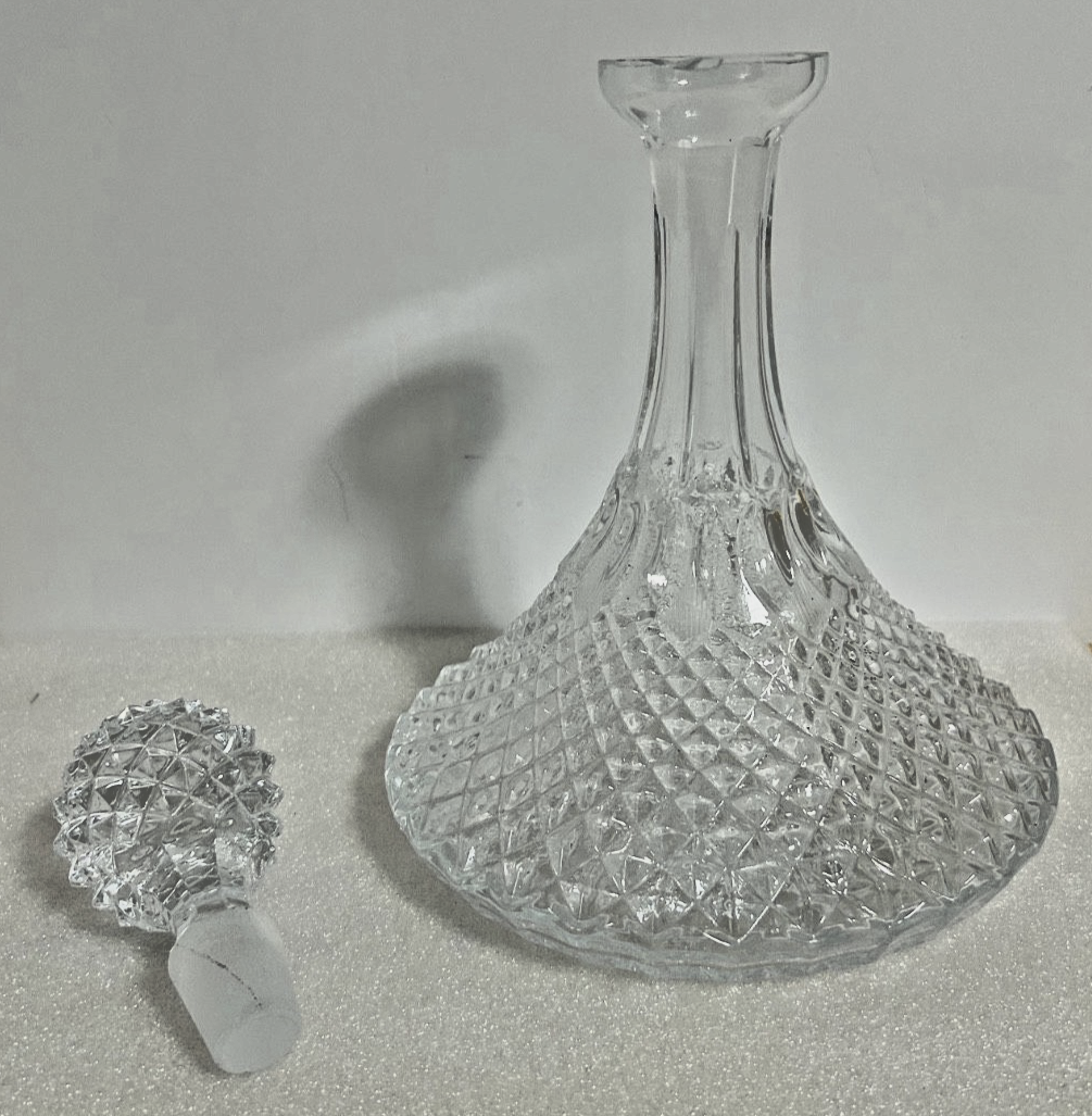 Vintage Cut Glass Crystal Decanter w Stopper 11” Tall Diamond Pattern