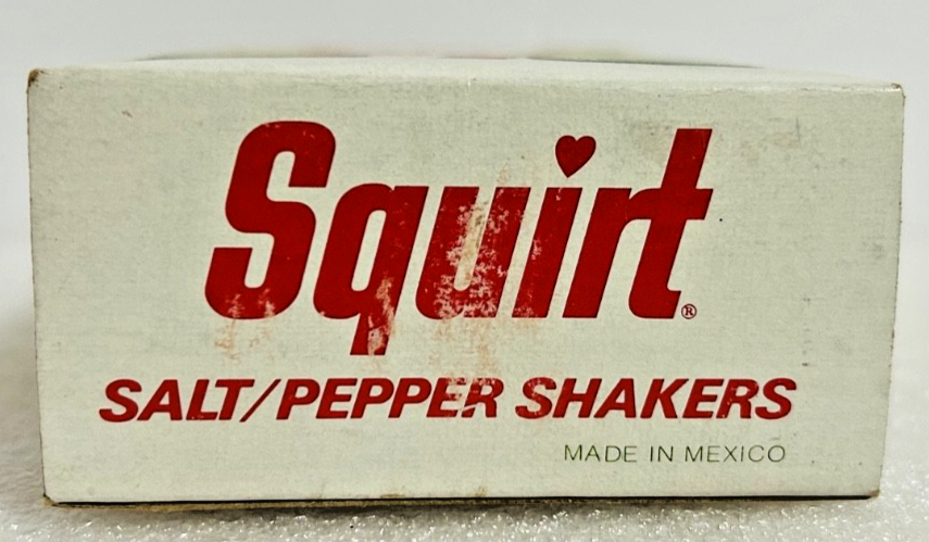 Vintage Squirt Soda Salt & Pepper Shakers w Box Green Glass Bottles
