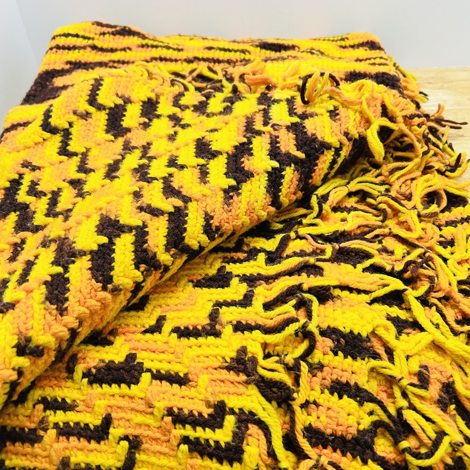 Handmade Crochet Tiger Stripe Throw Blanket 5x4 Ft Retro
