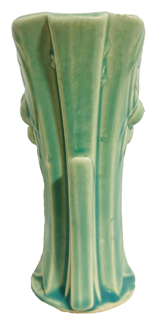 Vintage McCoy Green Art Pottery Vase Fruit Leaf Relief Handles USA