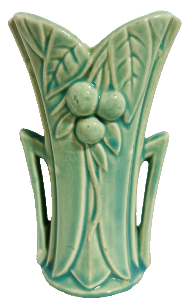Vintage McCoy Green Art Pottery Vase Fruit Leaf Relief Handles USA