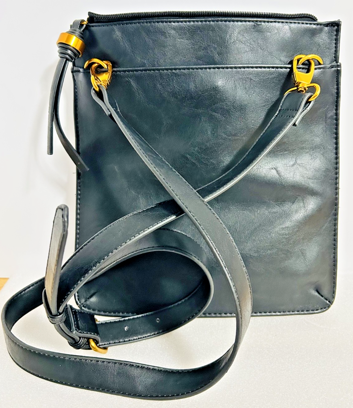 Sondra Roberts Black Faux Leather Woven Crossbody Bag Gold HW