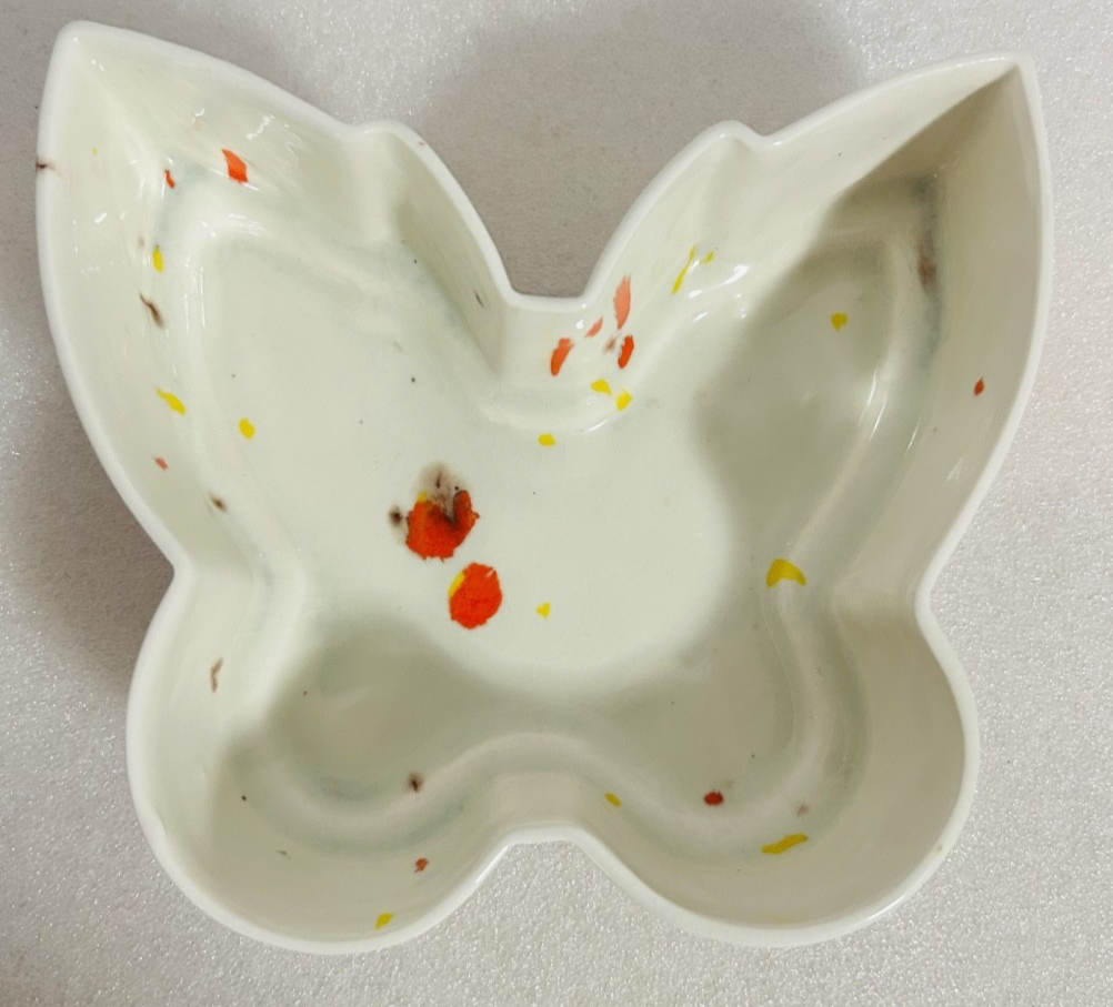 Vintage Splatter Art Pottery Butterfly Dish & Bird Bell Set 3pc