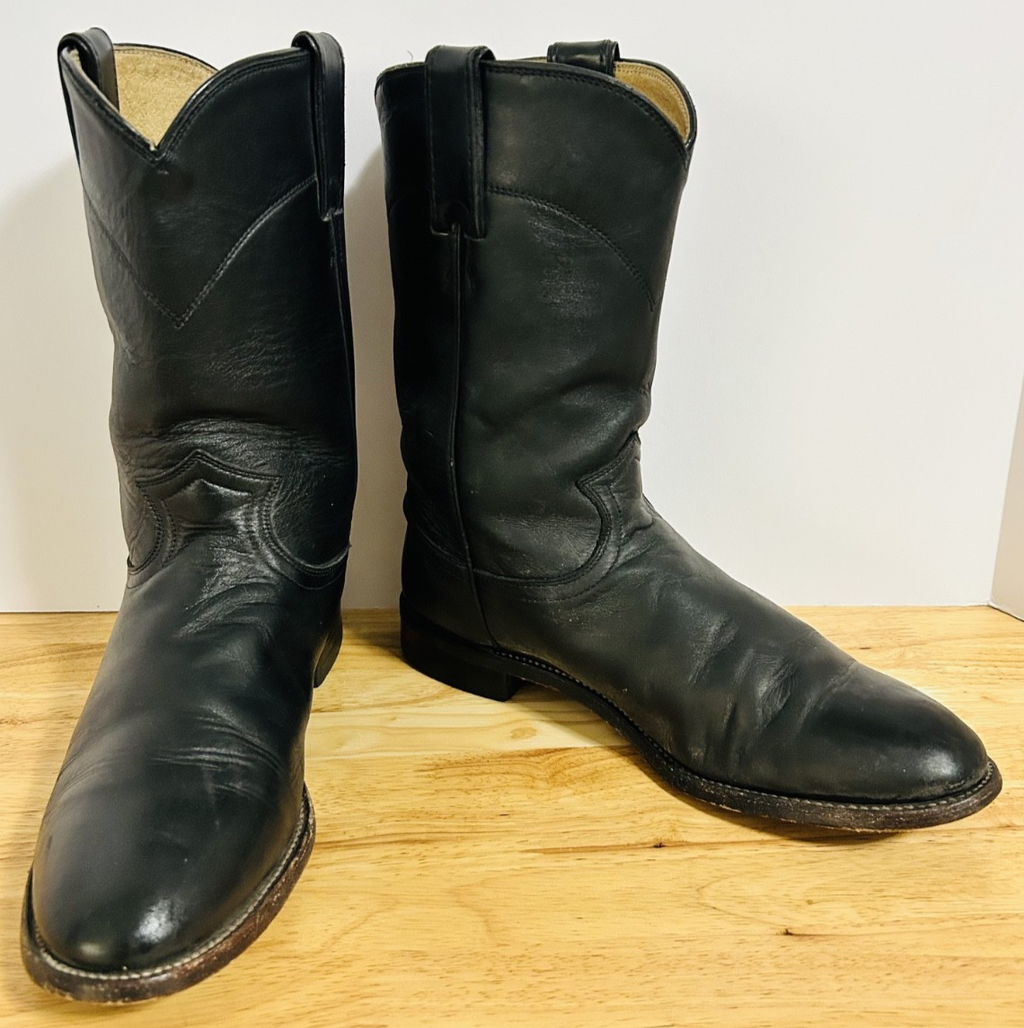 Justin 3703 Black Leather Roper Boots Womens 8.5B USA Western