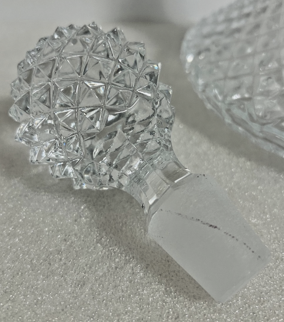 Vintage Cut Glass Crystal Decanter w Stopper 11” Tall Diamond Pattern