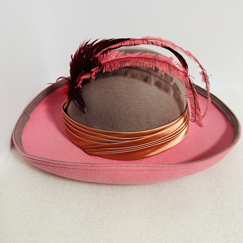 Vintage Geo W Bollman Pink Wool Felt Hat Feather Doeskin USA