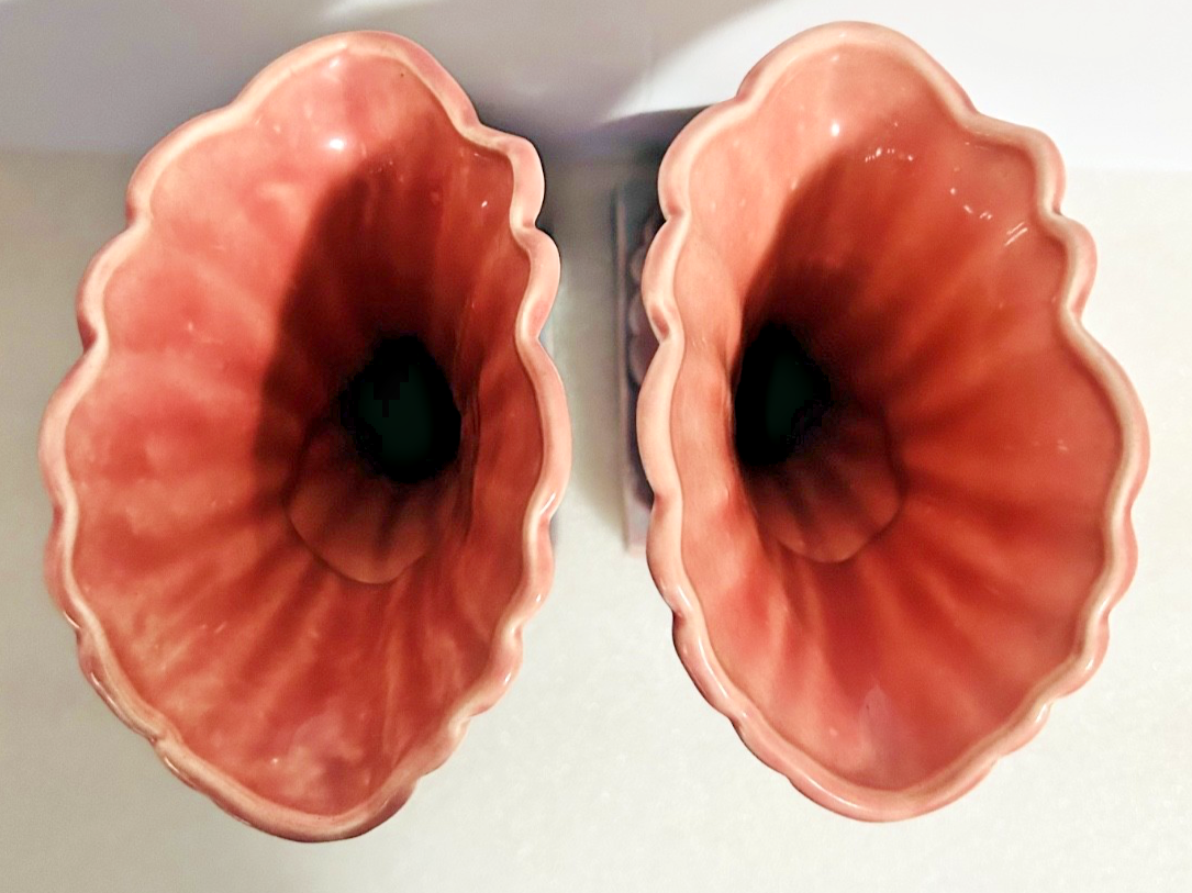 Vintage Pink & Blue Ceramic Cornucopia Vases Pair Art Deco Style