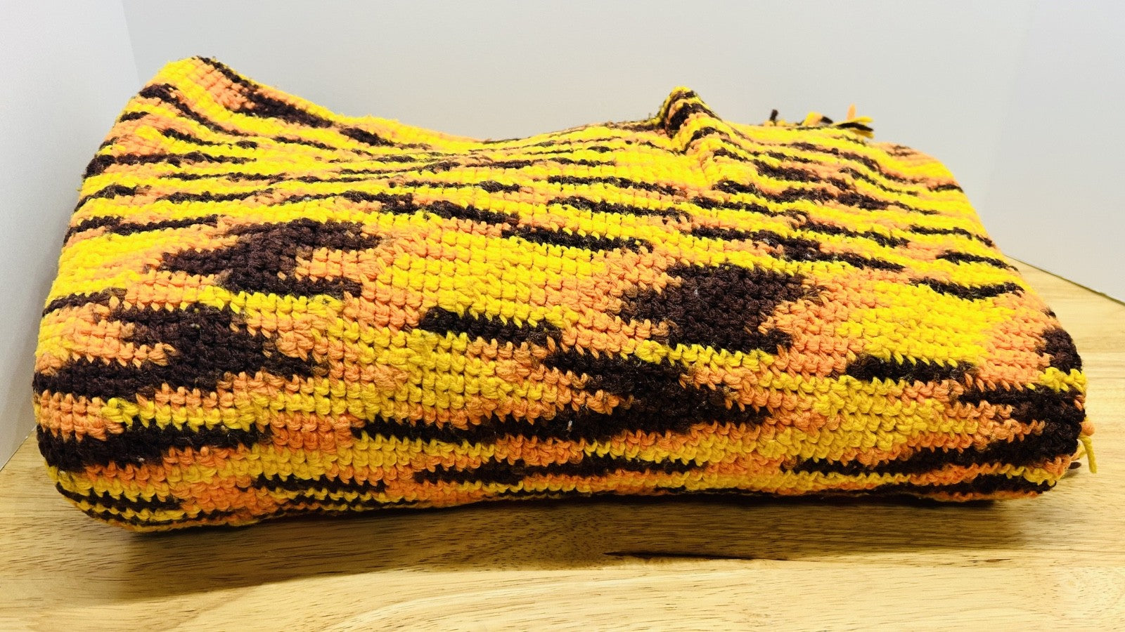 Handmade Crochet Tiger Stripe Throw Blanket 5x4 Ft Retro