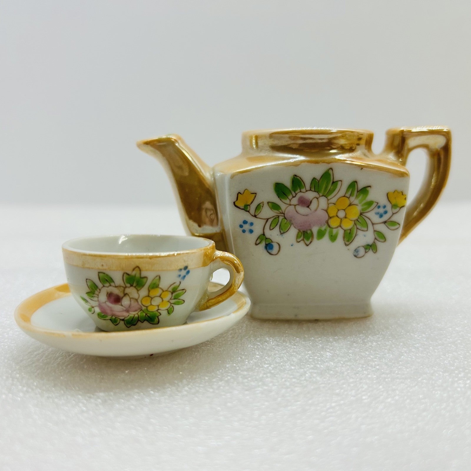 Vintage Mini Tea Set Teapot Cup Saucer Made In Japan Dollhouse Floral