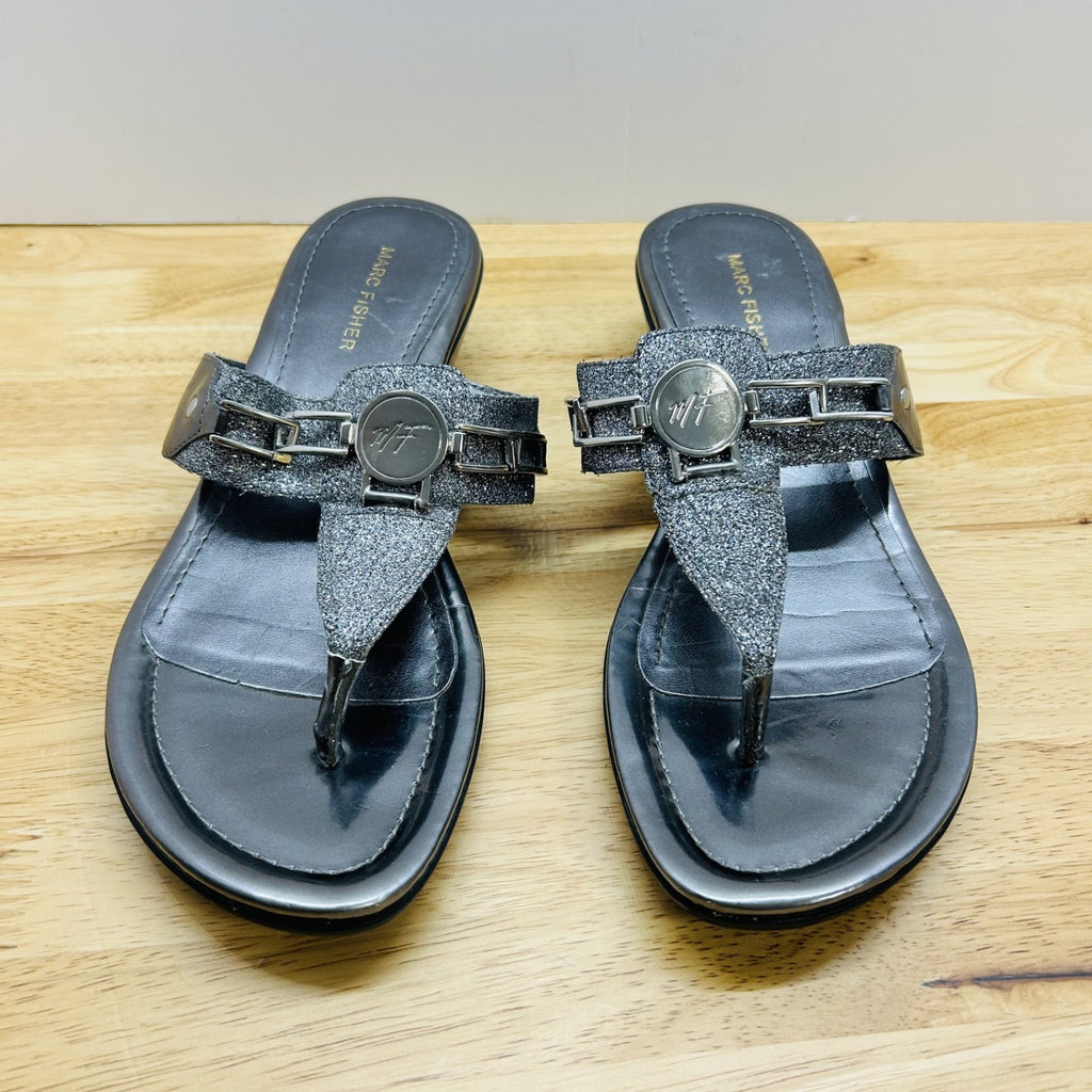 Marc Fisher Black Wedge Thong Sandals Womens Size 10M Glitter Strap