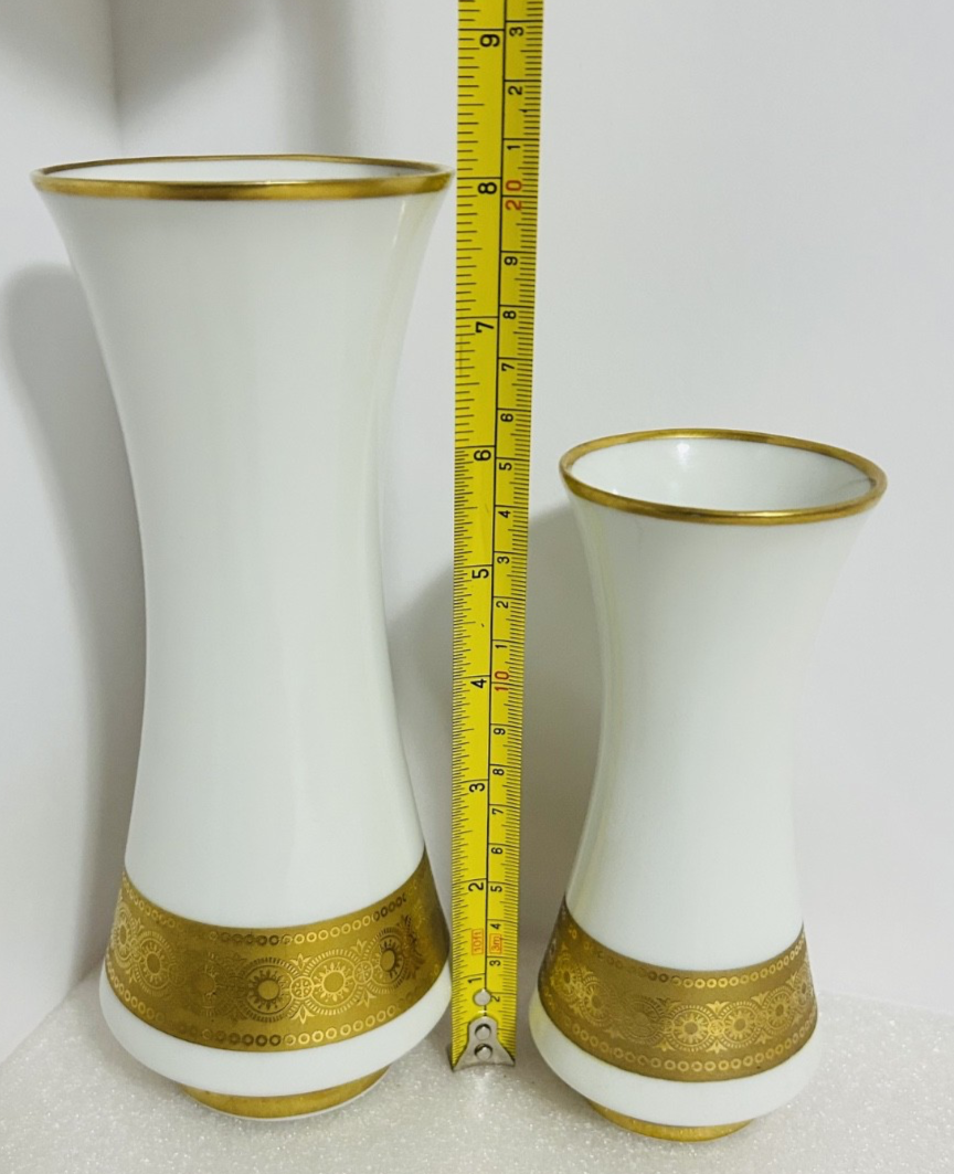 Vohenstrauss Bavaria Gold Gilt Milk Glass Vases Set 8” & 6”
