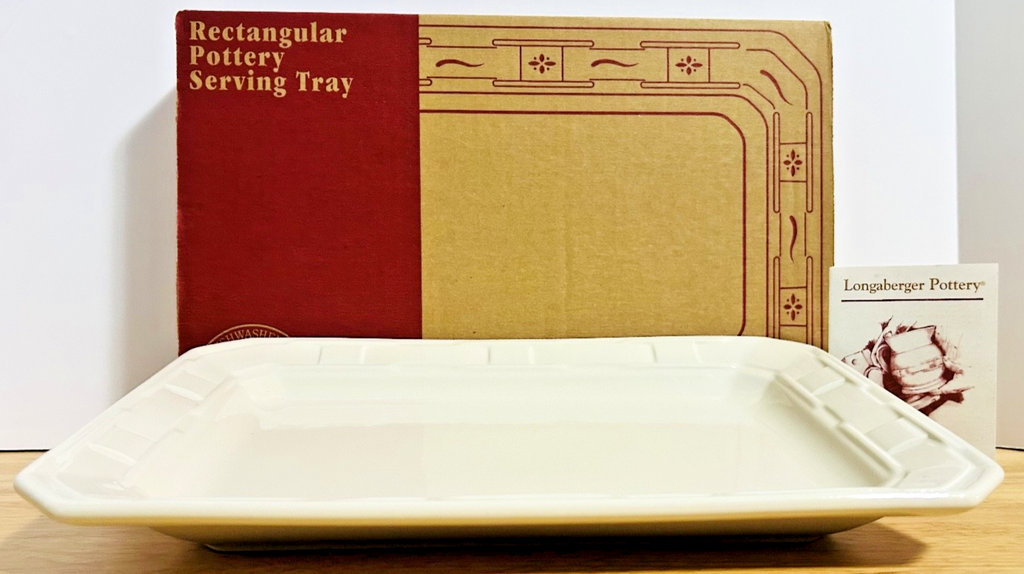 Longaberger Rectangular Pottery Serving Tray Heirloom Ivory 30370 w / Box & Card