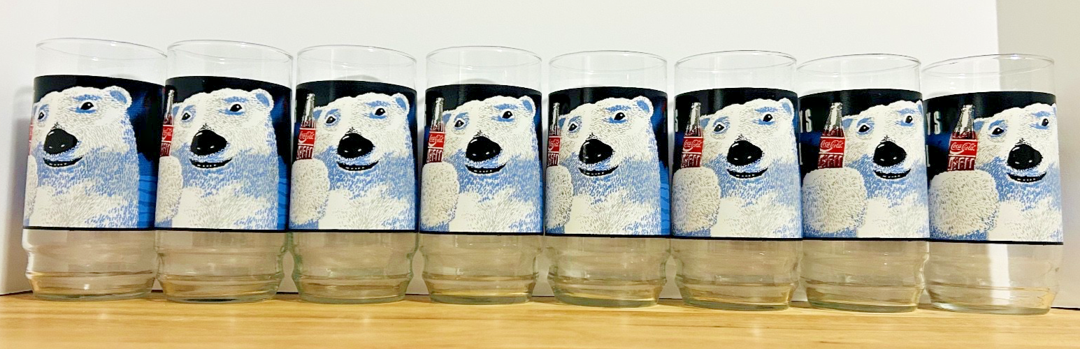 Vintage Coca-Cola Polar Bear 16oz Glasses Set of 8 w/ Original Box – Rare Coke