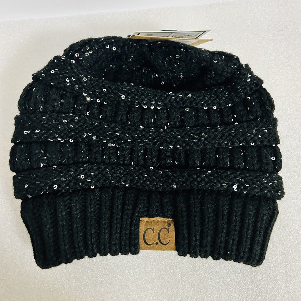 C.C Beanie Tail Black Silver Sequin Knit Hat Ponytail New