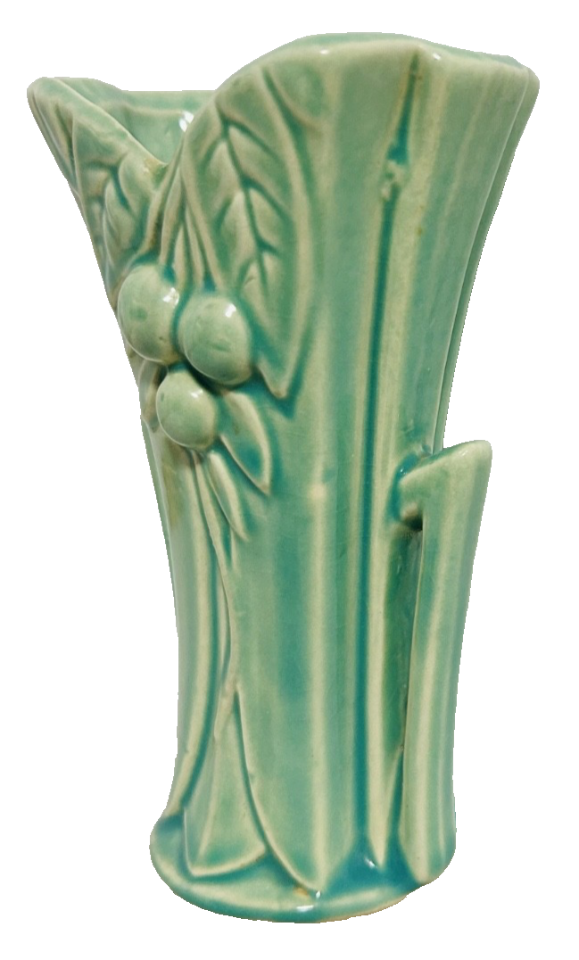 Vintage McCoy Green Art Pottery Vase Fruit Leaf Relief Handles USA