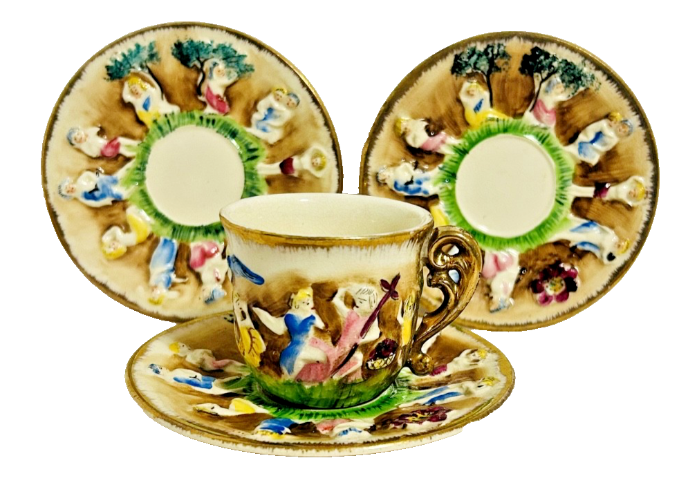 Occupied Japan Hand Painted Demitasse Cup w 3 Saucers Cherubs Vintage