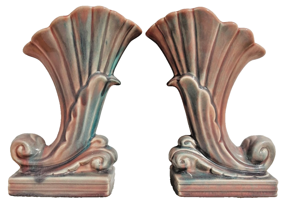Vintage Pink & Blue Ceramic Cornucopia Vases Pair Art Deco Style