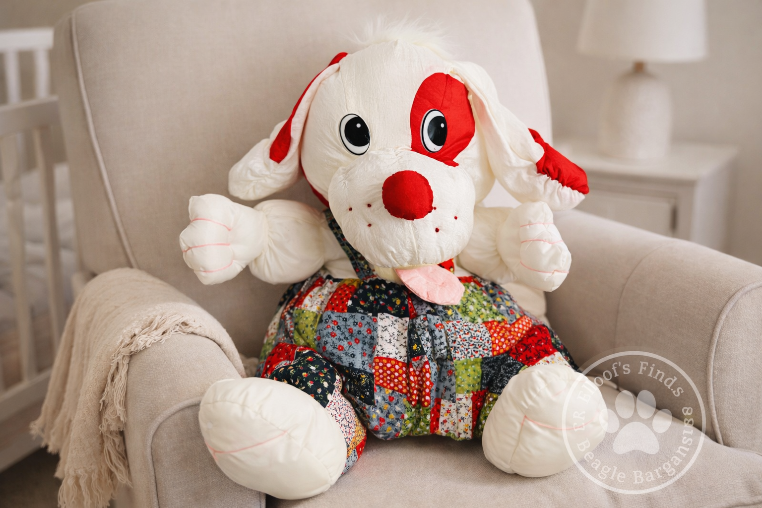Vintage Large Plush Dog Patchwork Dress Red White 24” Stuffed Animal