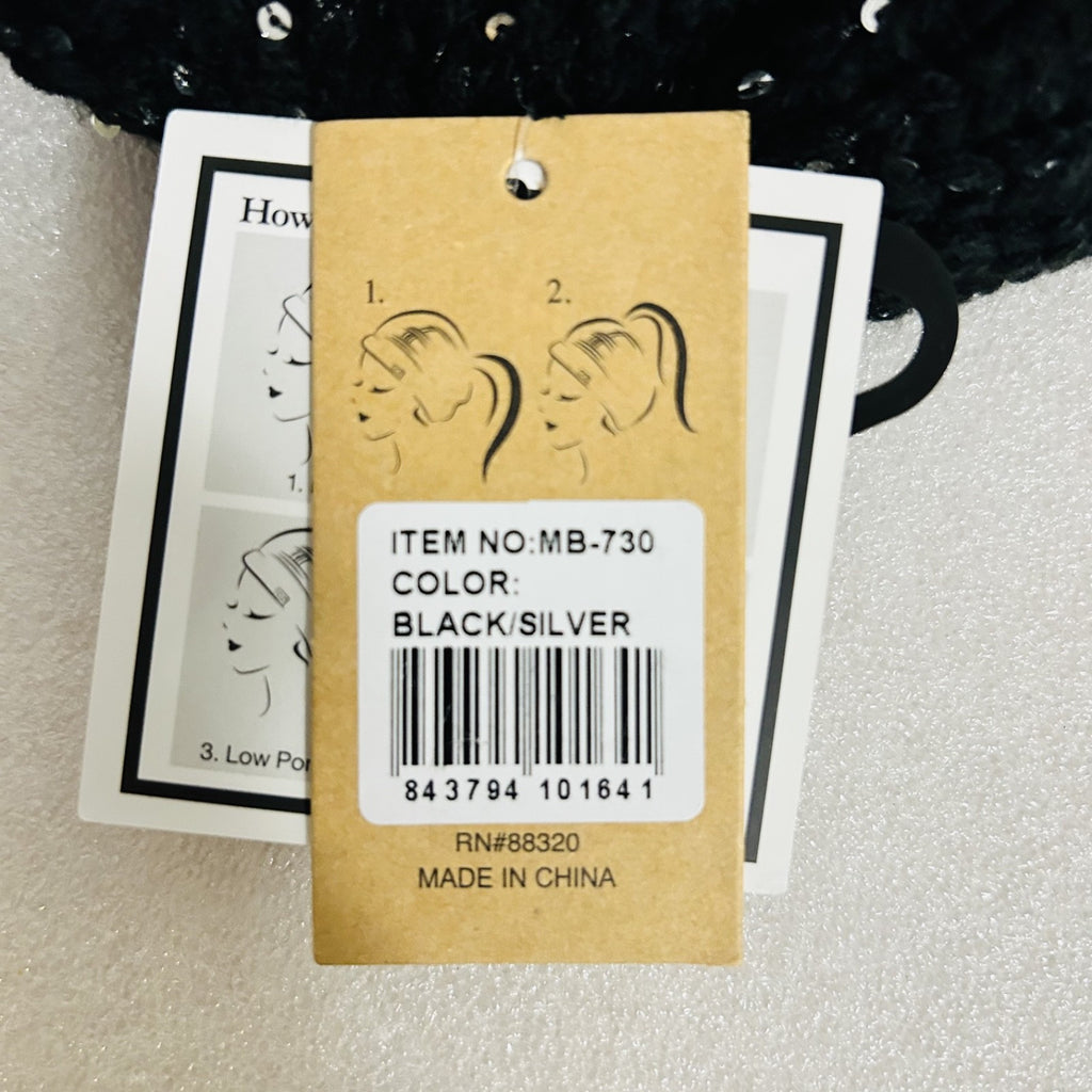 C.C Beanie Tail Black Silver Sequin Knit Hat Ponytail New