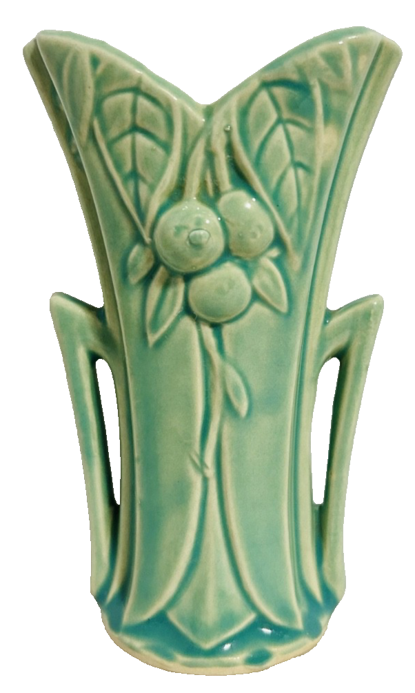 Vintage McCoy Green Art Pottery Vase Fruit Leaf Relief Handles USA