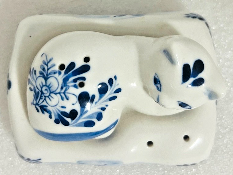 Vintage Delft Blue Cat Figurine on Base Holland Hand Painted