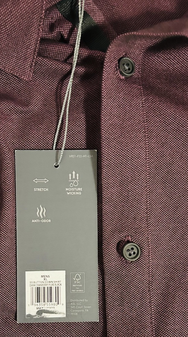 VRST Mens XL Button Down Shirt Stretch Moisture Wicking Burgundy NWT
