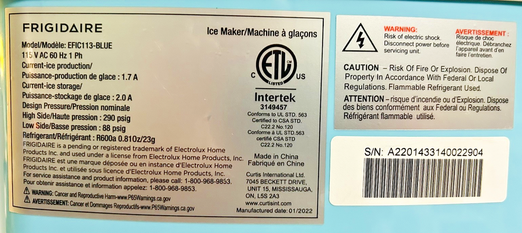 Frigidaire EFIC113-BLUE Portable Countertop Ice Maker 26 lb Daily Ice Machine