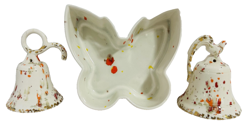 Vintage Splatter Art Pottery Butterfly Dish & Bird Bell Set 3pc