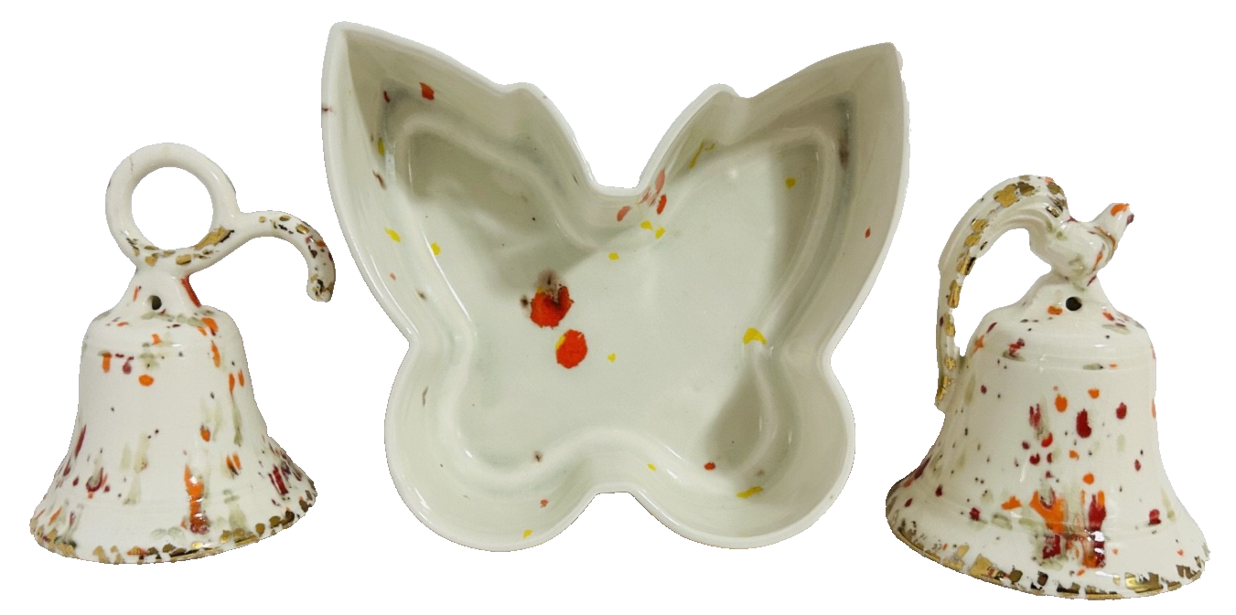 Vintage Splatter Art Pottery Butterfly Dish & Bird Bell Set 3pc