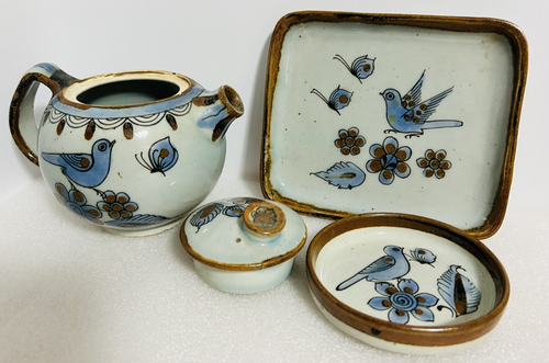 El Palomar Mexico Bird Teapot w Lid Tray Dish Set Blue Pottery VTG
