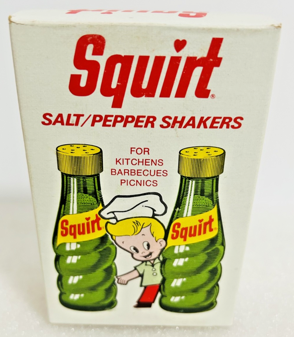 Vintage Squirt Soda Salt & Pepper Shakers w Box Green Glass Bottles