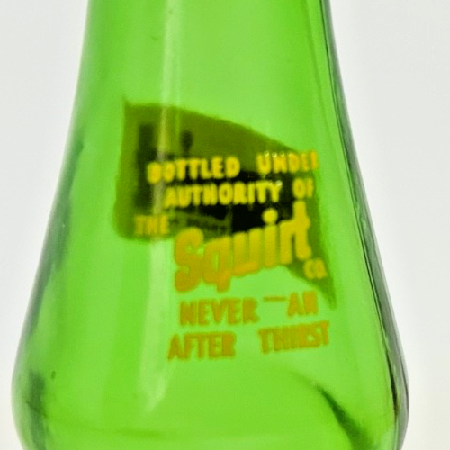 Vintage Squirt Soda Bottle Shaker Green Glass Yellow Lid Advertising