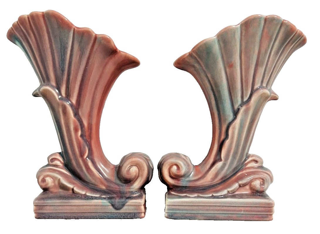 Vintage Pink & Blue Ceramic Cornucopia Vases Pair Art Deco Style