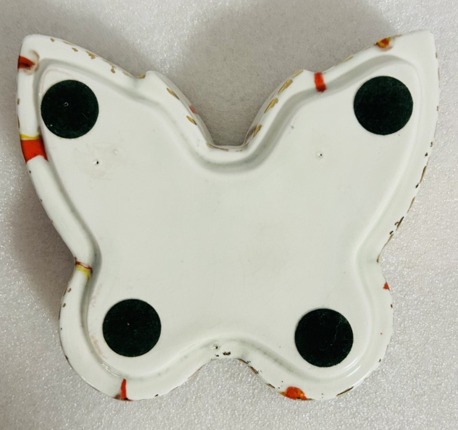 Vintage Splatter Art Pottery Butterfly Dish & Bird Bell Set 3pc