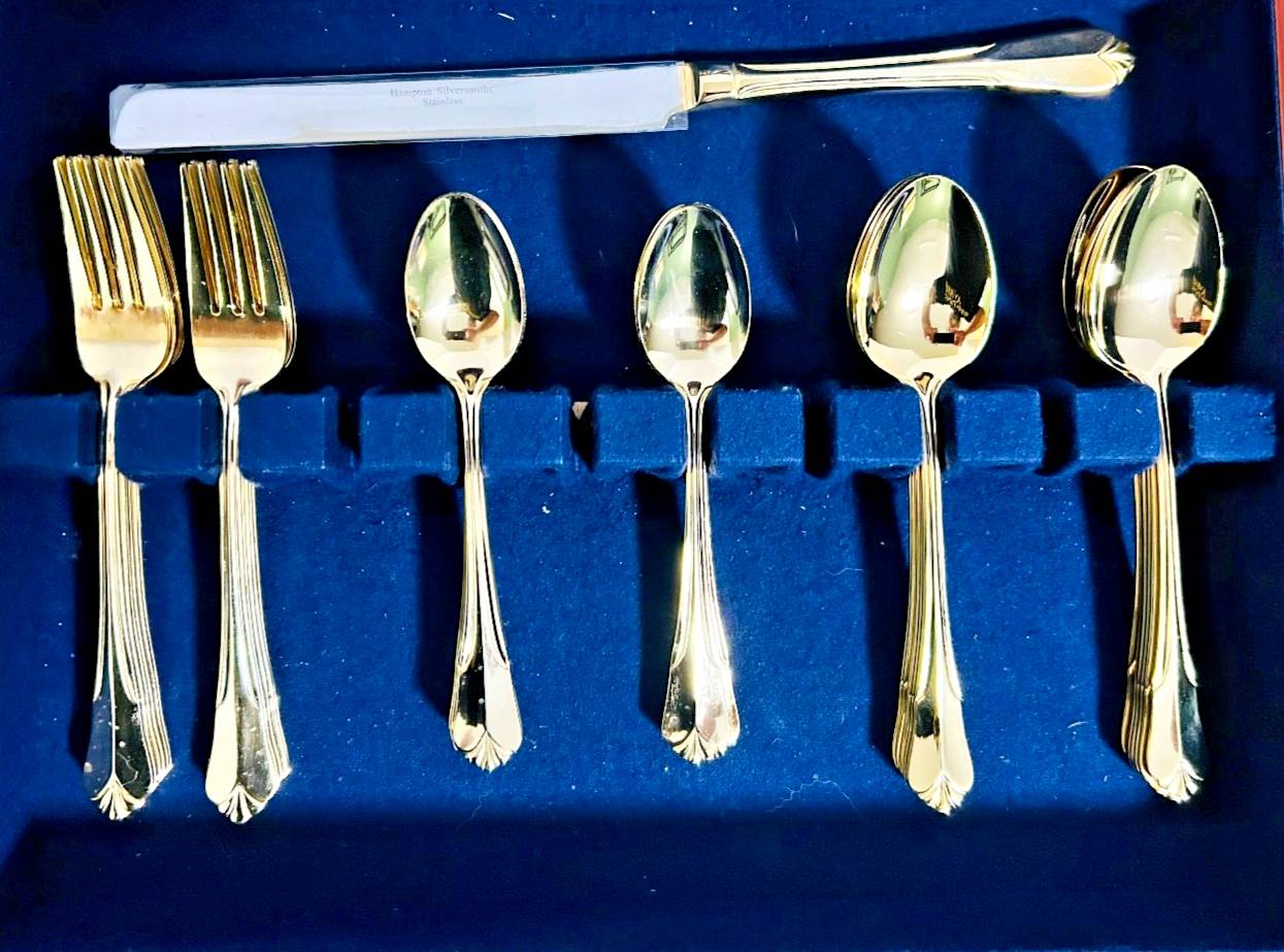 Hampton Silversmiths Gold Flatware Lot 46 Pcs Stainless Service Mixed w Case