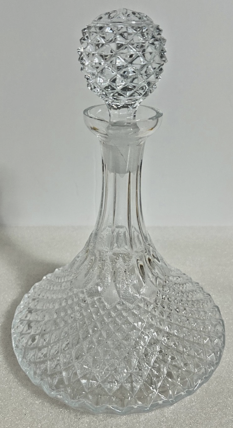 Vintage Cut Glass Crystal Decanter w Stopper 11” Tall Diamond Pattern