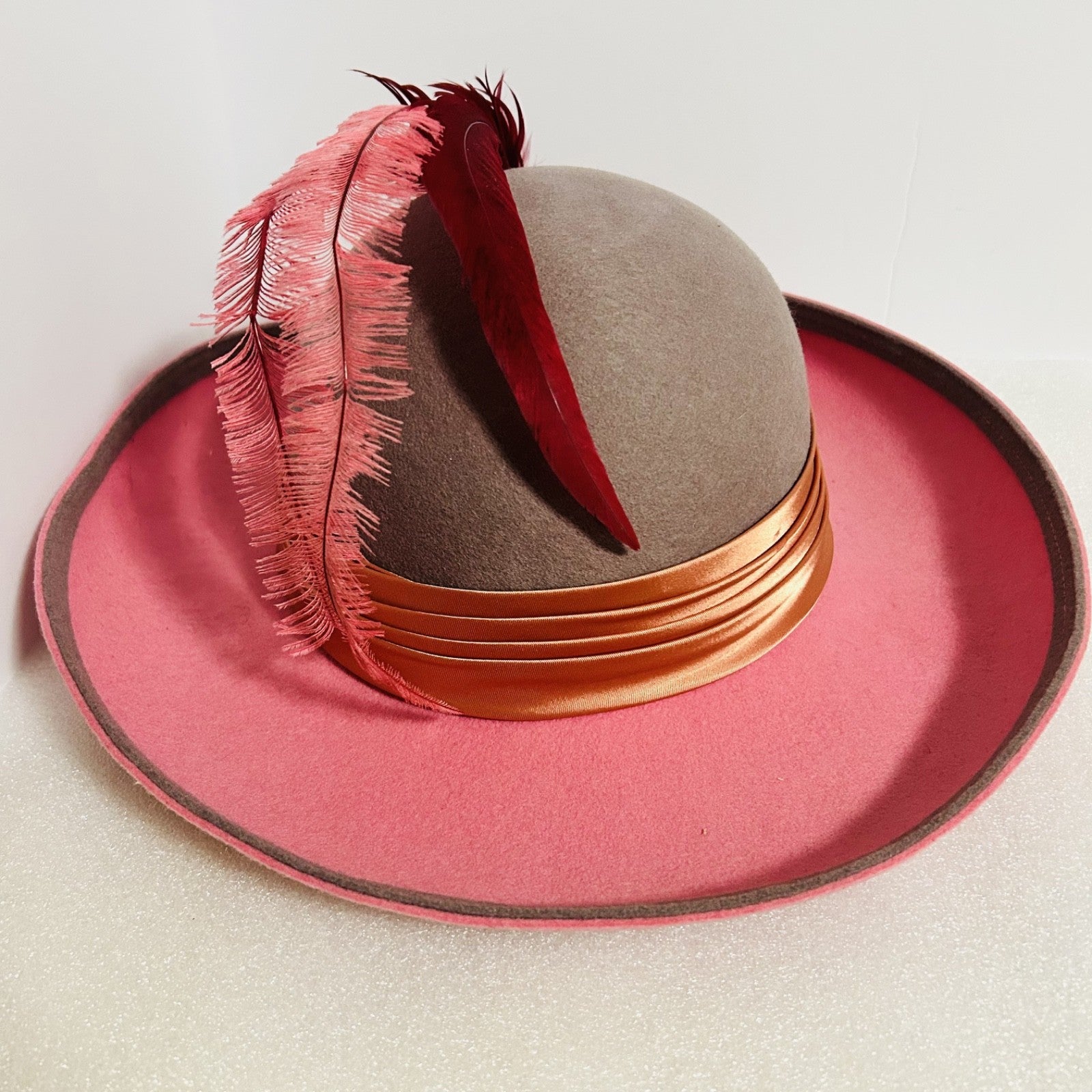 Vintage Geo W Bollman Pink Wool Felt Hat Feather Doeskin USA