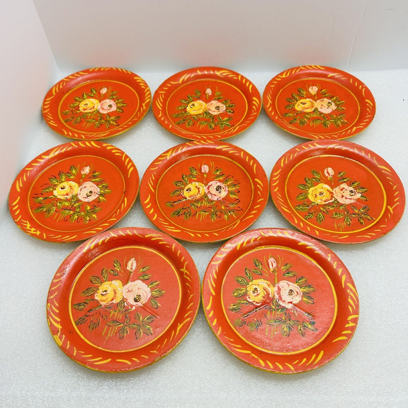 Vintage ISCO Occupied Japan Coaster Set w Holder 4 Snack Trays Red Floral