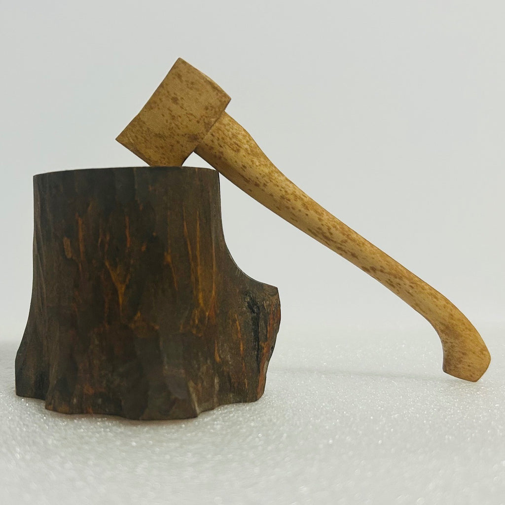 Hand Carved Wood Axe and Tree Stump Desk Decor Miniature Collectible