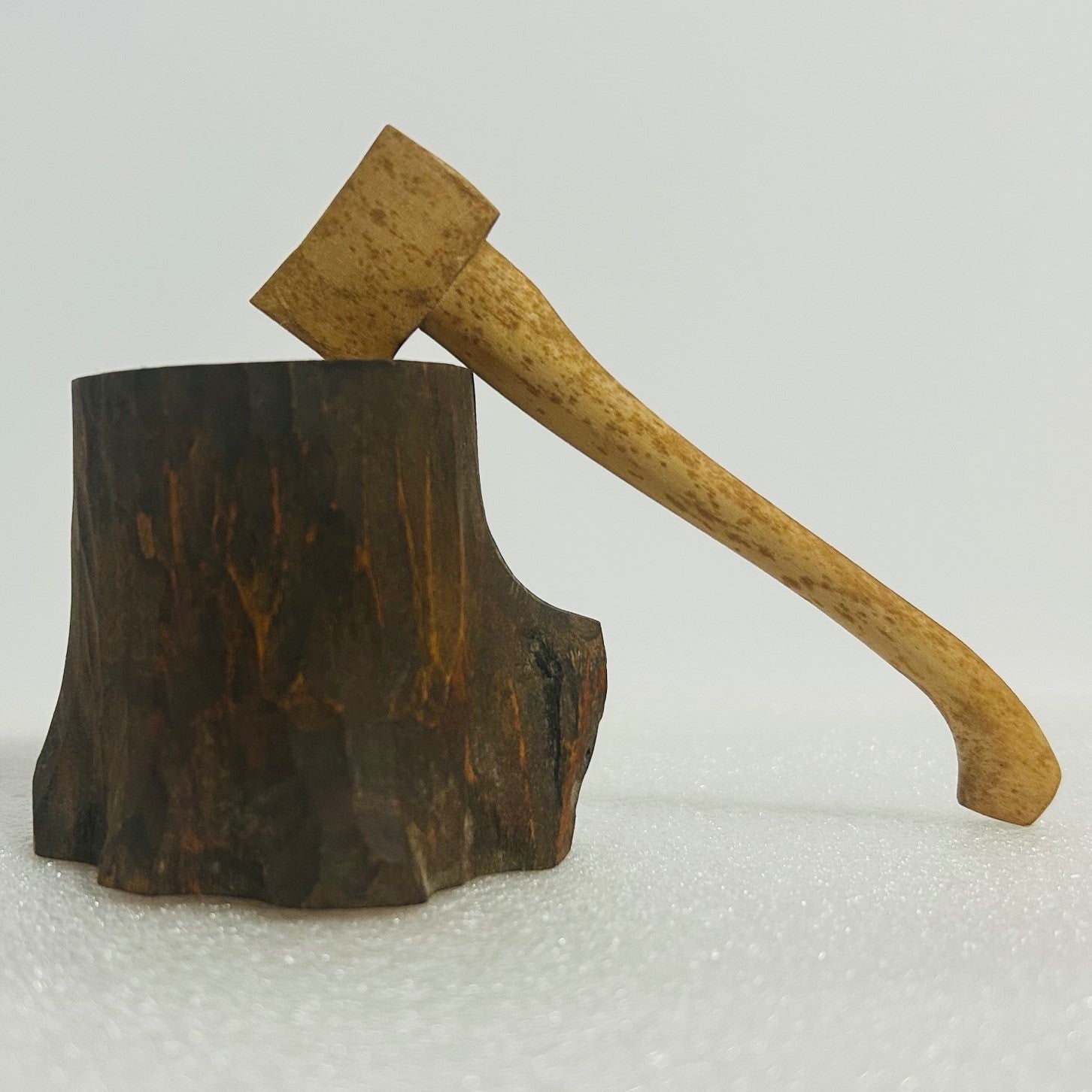 Hand Carved Wood Axe and Tree Stump Desk Decor Miniature Collectible