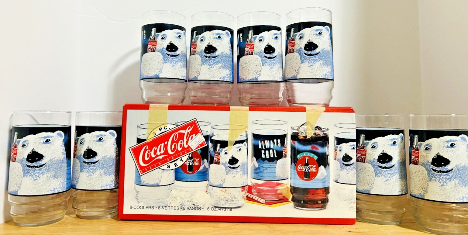 Vintage Coca-Cola Polar Bear 16oz Glasses Set of 8 w/ Original Box – Rare Coke