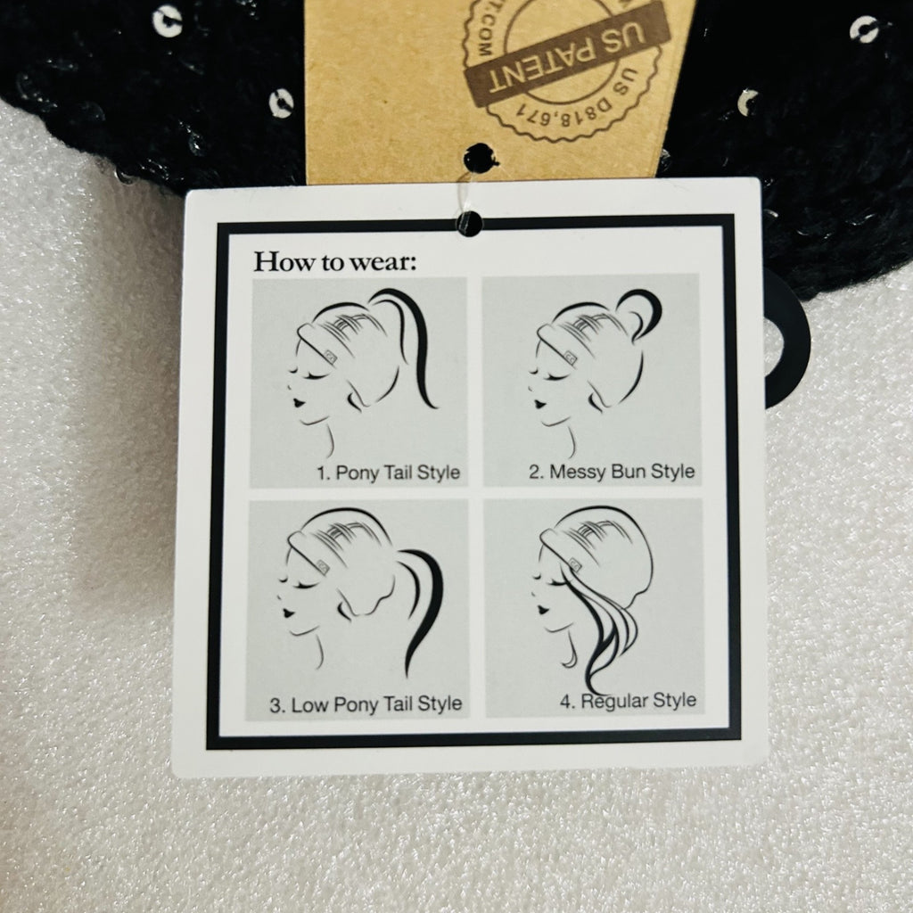 C.C Beanie Tail Black Silver Sequin Knit Hat Ponytail New