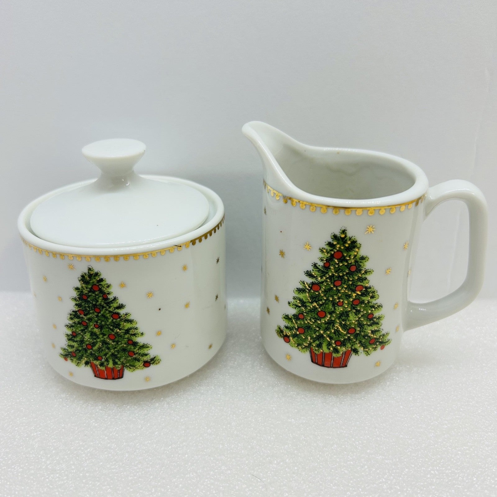 Vintage George Good Japan Christmas Tree Creamer Sugar Set Gold Trim