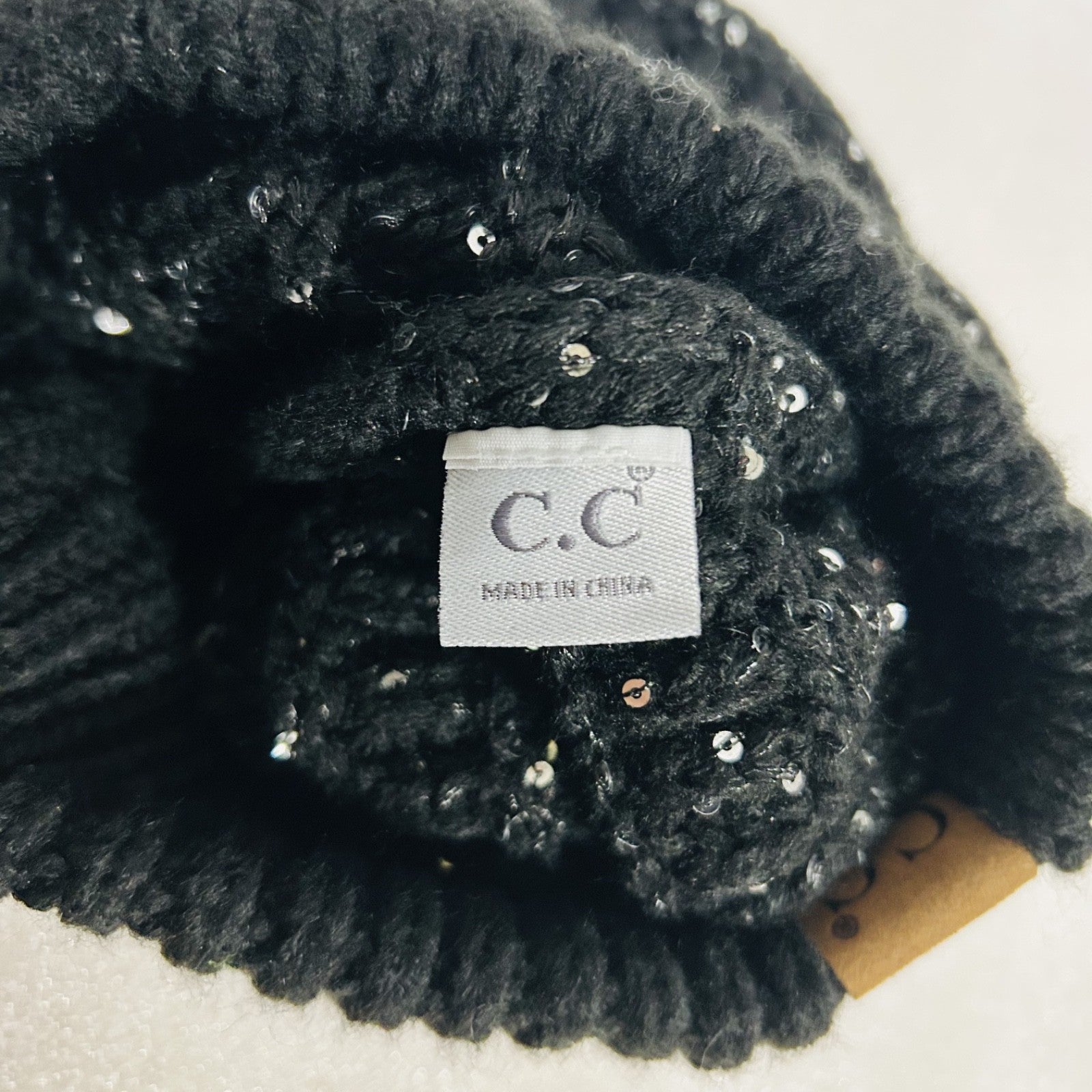 C.C Beanie Tail Black Silver Sequin Knit Hat Ponytail New