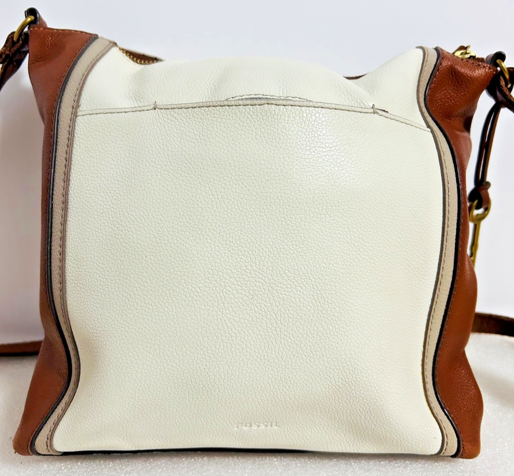 Fossil Leather Crossbody Bag Brown & Cream Key Charm Zip Top