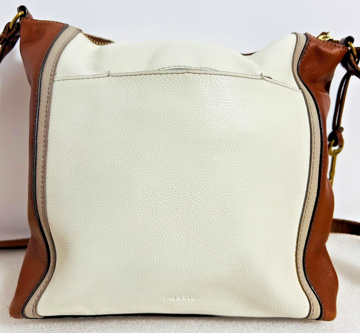 Fossil Leather Crossbody Bag Brown & Cream Key Charm Zip Top