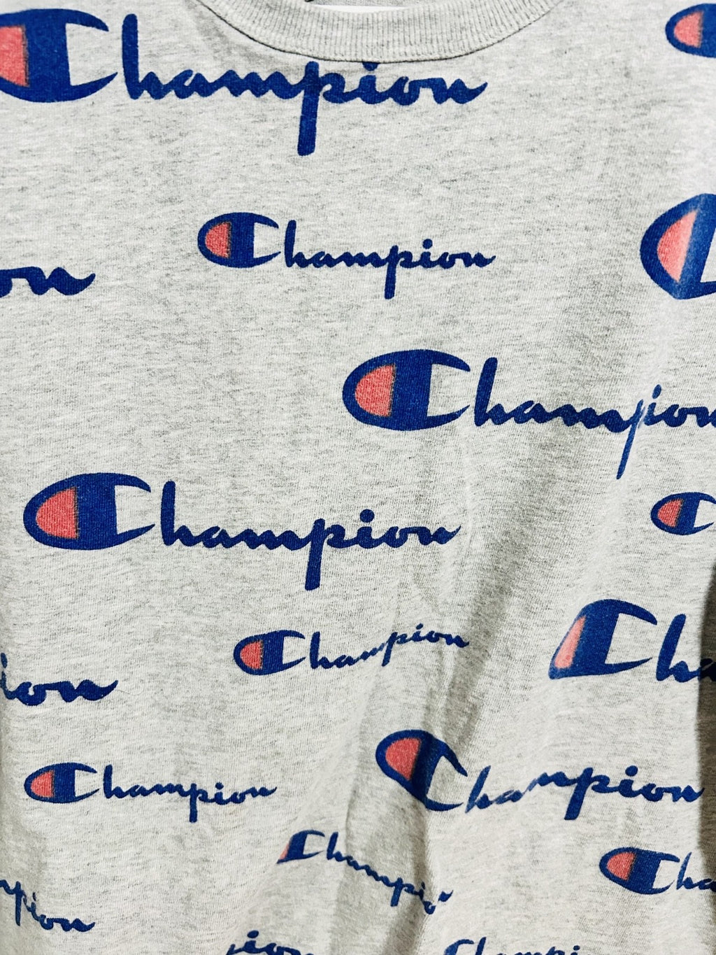 Champion All Over Logo Print T-Shirt Men’s Large Grey Streetwear Tee